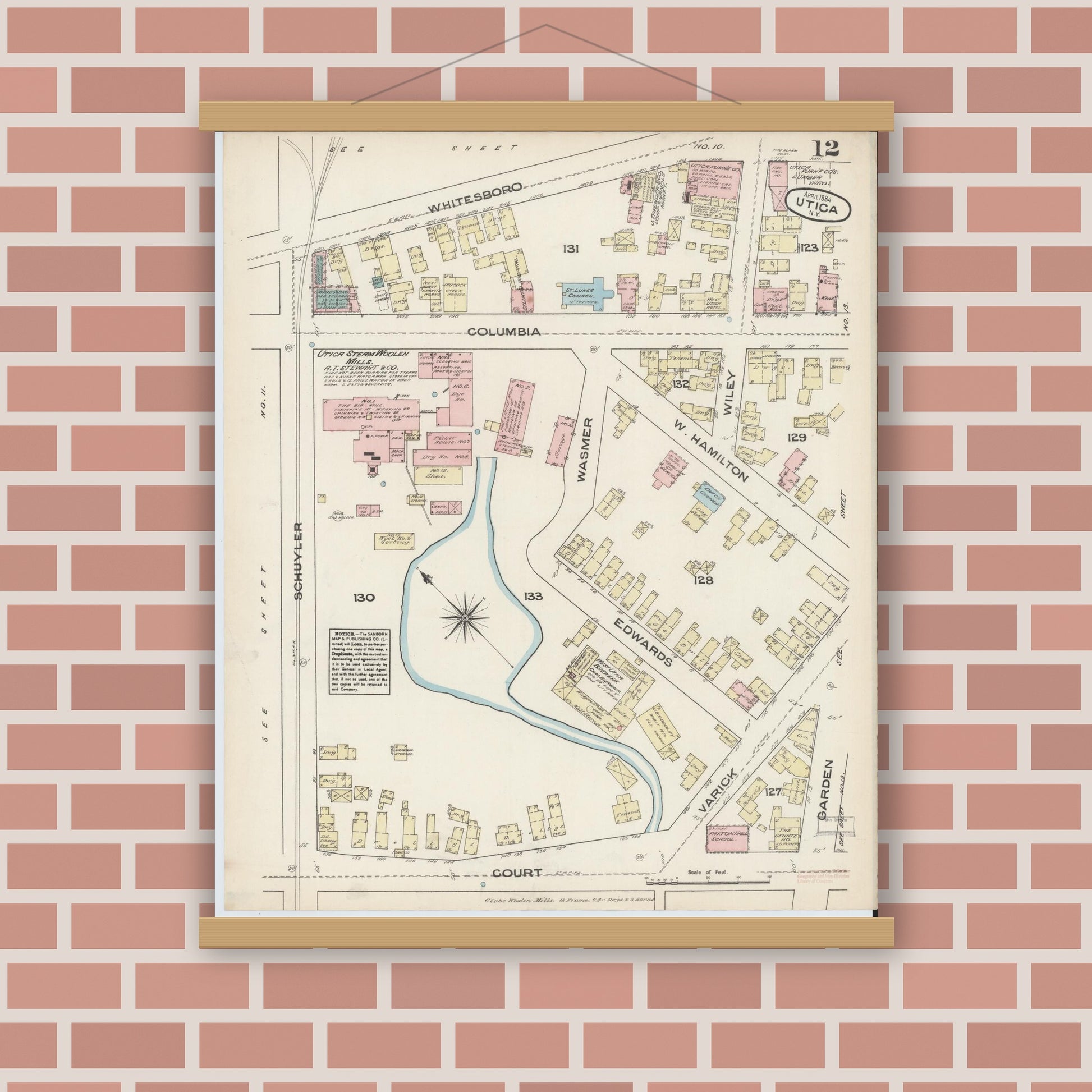 Old map wall art mockup — magnetic wood frame on brick wall — Sanborn Fire Insurance Map from Utica, Oneida County, New York (1884), Sheet #0012
