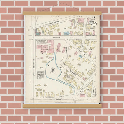 Old map wall art mockup — magnetic wood frame on brick wall — Sanborn Fire Insurance Map from Utica, Oneida County, New York (1884), Sheet #0012