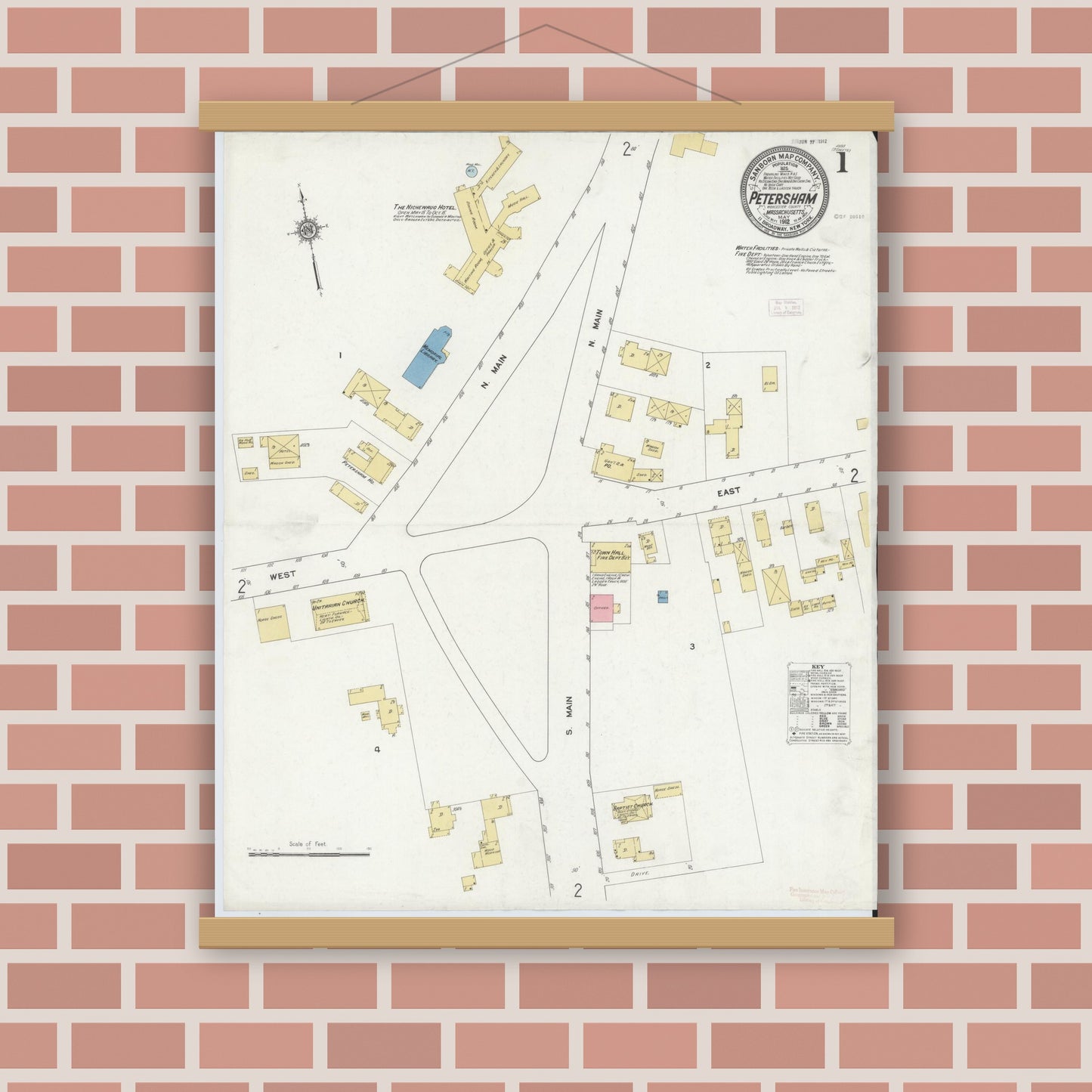 Old map wall art mockup — magnetic wood frame on brick wall — Sanborn Fire Insurance Map from Petersham, Worcester County, Massachusetts (1912) - Complete Map Set