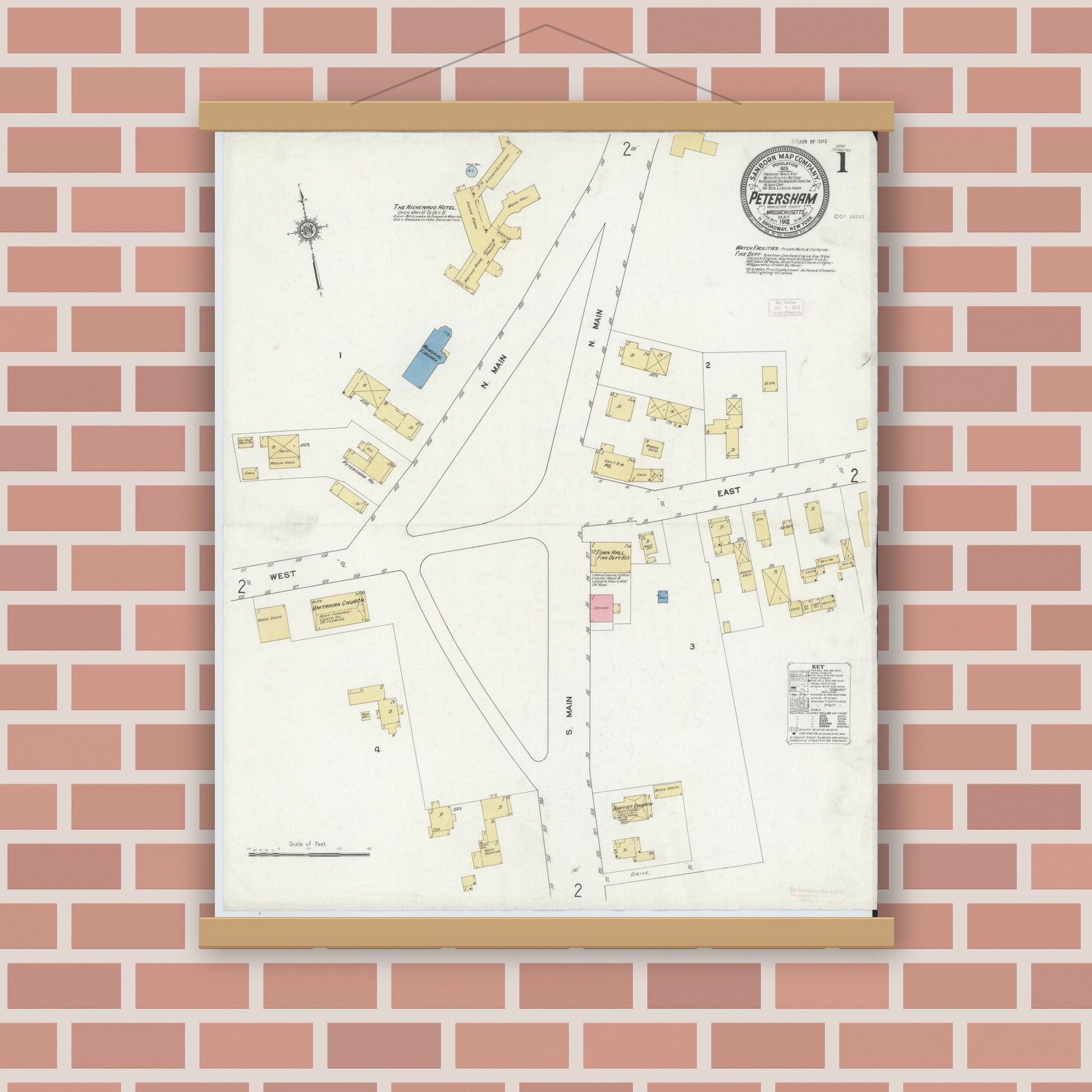 Old map wall art mockup — magnetic wood frame on brick wall — Sanborn Fire Insurance Map from Petersham, Worcester County, Massachusetts (1912) - Complete Map Set