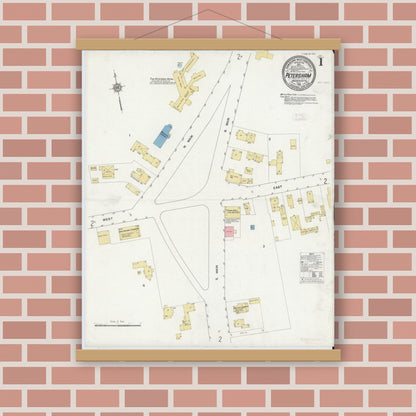 Old map wall art mockup — magnetic wood frame on brick wall — Sanborn Fire Insurance Map from Petersham, Worcester County, Massachusetts (1912) - Complete Map Set