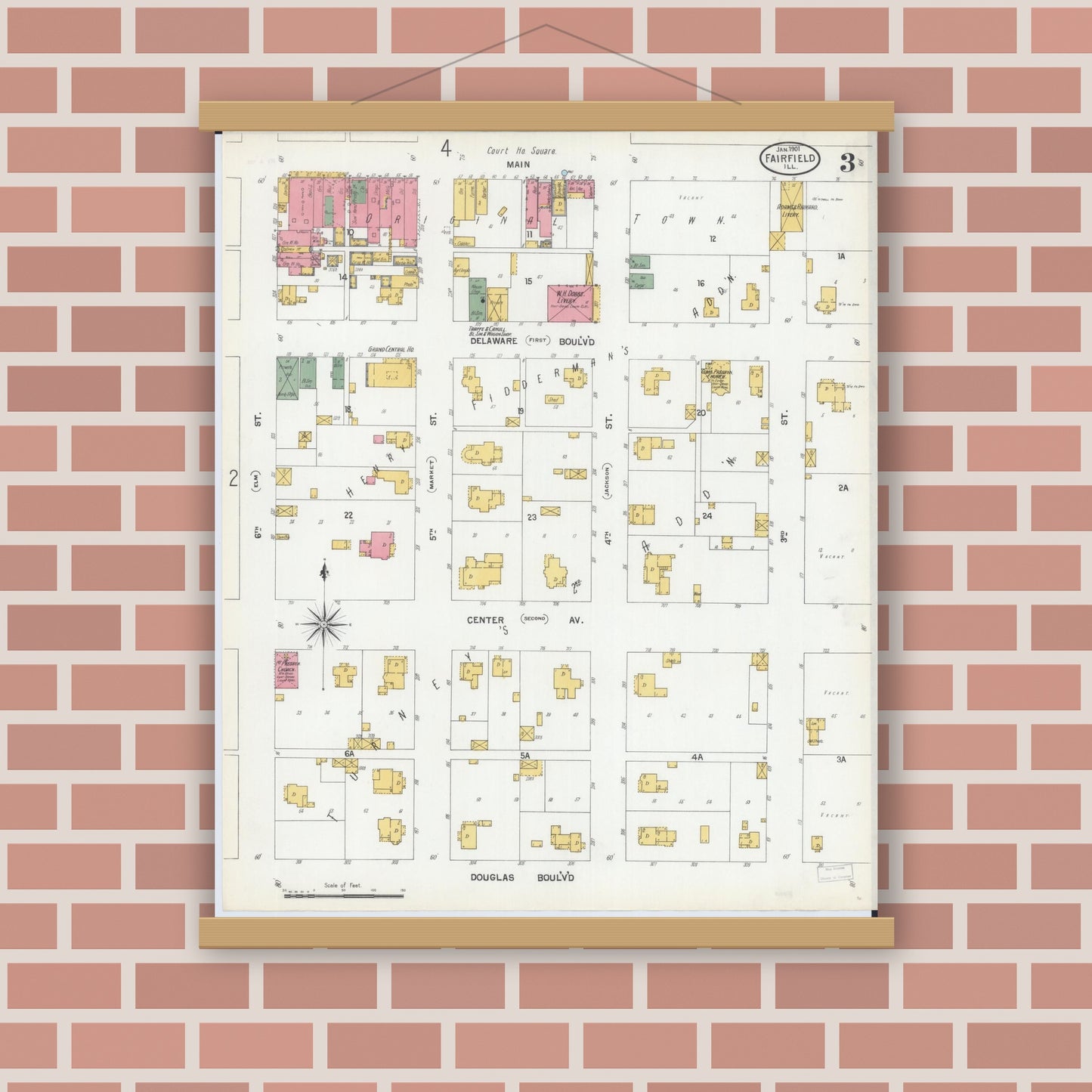 Old map wall art mockup — magnetic wood frame on brick wall — Sanborn Fire Insurance Map from Fairfield, Wayne County, Illinois (1901), Sheet #0003