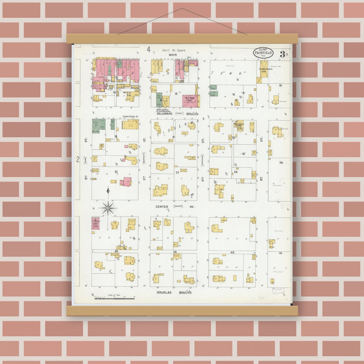 Old map wall art mockup — magnetic wood frame on brick wall — Sanborn Fire Insurance Map from Fairfield, Wayne County, Illinois (1901), Sheet #0003