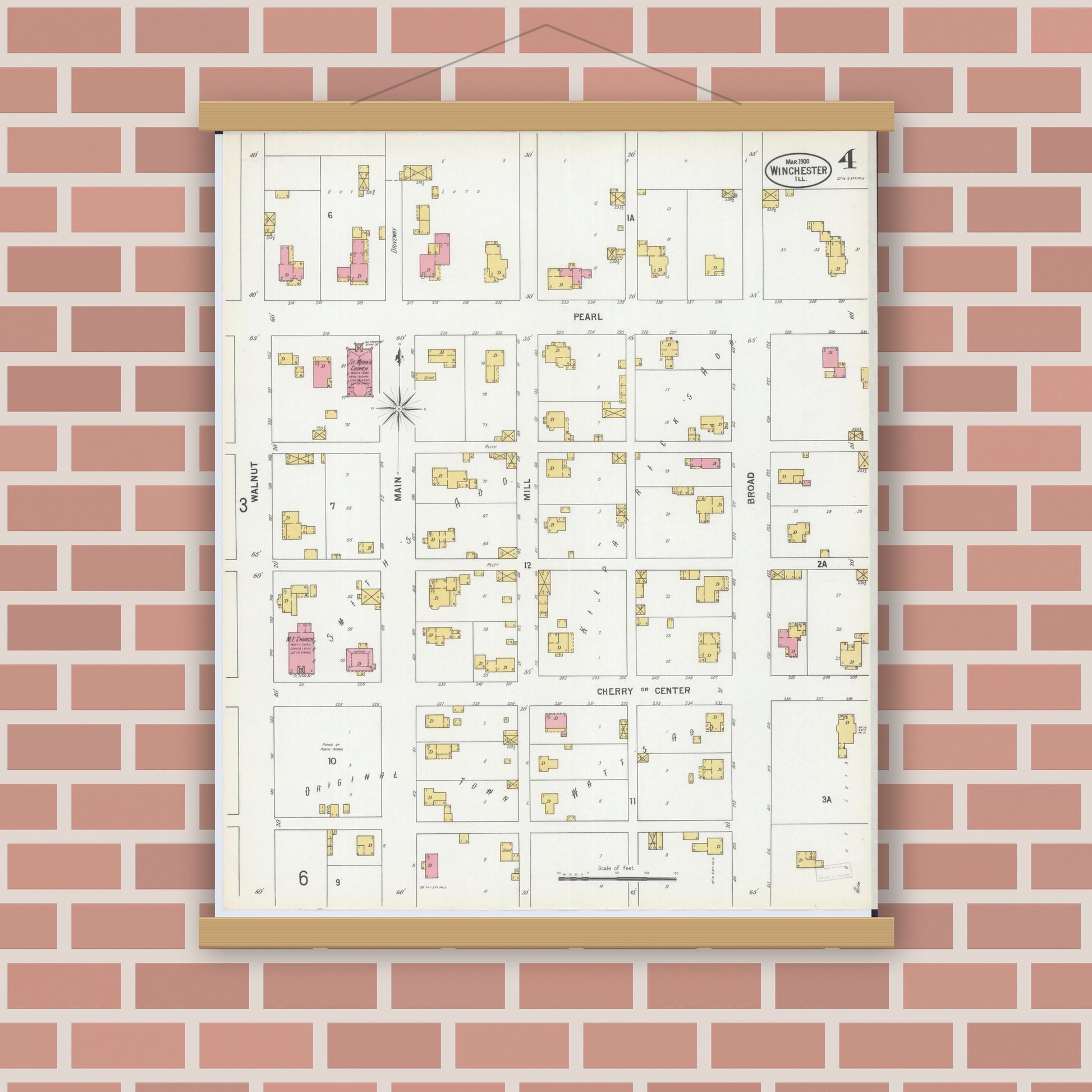 Old map wall art mockup — magnetic wood frame on brick wall — Sanborn Fire Insurance Map from Winchester, Scott County, Illinois (1900), Sheet #0004