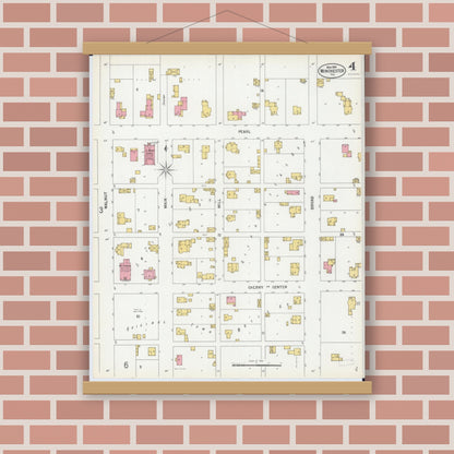 Old map wall art mockup — magnetic wood frame on brick wall — Sanborn Fire Insurance Map from Winchester, Scott County, Illinois (1900), Sheet #0004
