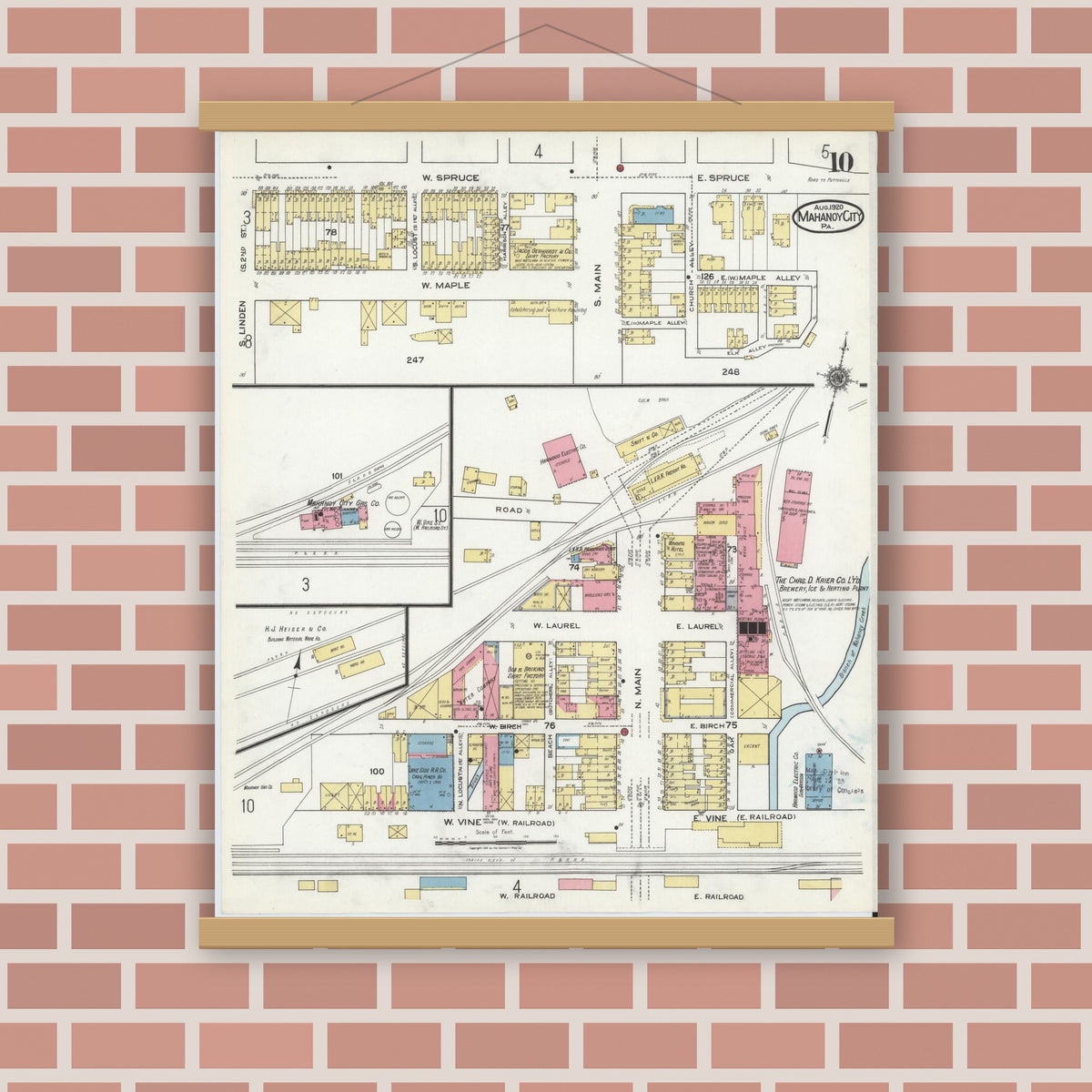 Old map wall art mockup — magnetic wood frame on brick wall — Sanborn Fire Insurance Map from Mahanoy City, Schuylkill County, Pennsylvania (1920), Sheet #0010