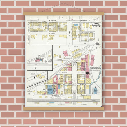 Old map wall art mockup — magnetic wood frame on brick wall — Sanborn Fire Insurance Map from Mahanoy City, Schuylkill County, Pennsylvania (1920), Sheet #0010