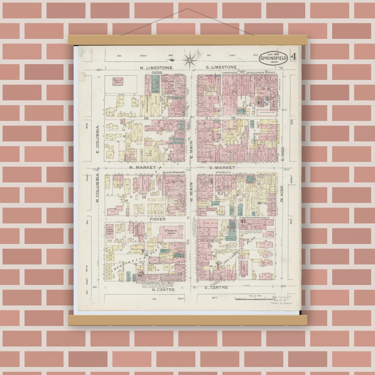 Old map wall art mockup — magnetic wood frame on brick wall — Sanborn Fire Insurance Map from Springfield, Clark County, Ohio (1886), Sheet #0004
