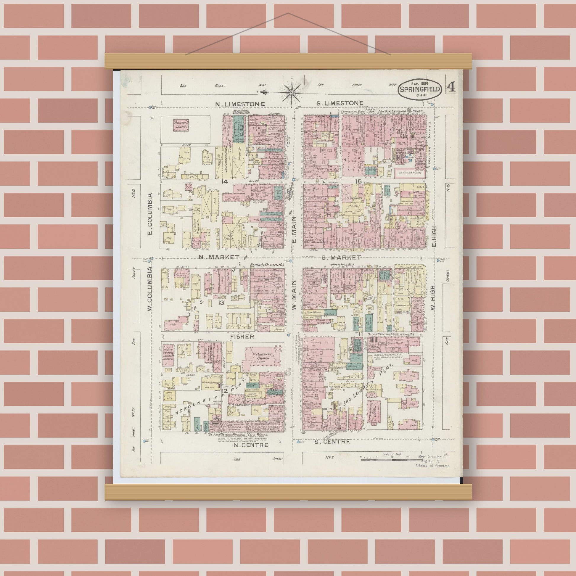 Old map wall art mockup — magnetic wood frame on brick wall — Sanborn Fire Insurance Map from Springfield, Clark County, Ohio (1886), Sheet #0004