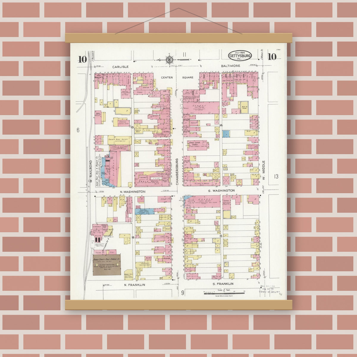 Old map wall art mockup — magnetic wood frame on brick wall — Sanborn Fire Insurance Map from Gettysburg, Adams County, Pennsylvania (1924), Sheet #0010