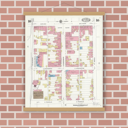 Old map wall art mockup — magnetic wood frame on brick wall — Sanborn Fire Insurance Map from Gettysburg, Adams County, Pennsylvania (1924), Sheet #0010