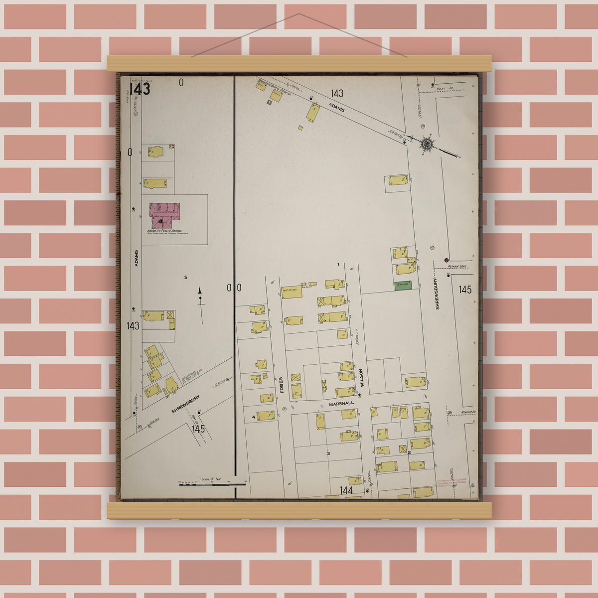 Old map wall art mockup — magnetic wood frame on brick wall — Sanborn Fire Insurance Map from Worcester, Worcester County, Massachusetts (1910), Sheet #0143