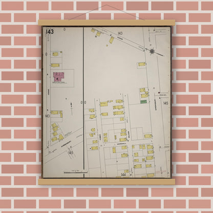 Old map wall art mockup — magnetic wood frame on brick wall — Sanborn Fire Insurance Map from Worcester, Worcester County, Massachusetts (1910), Sheet #0143