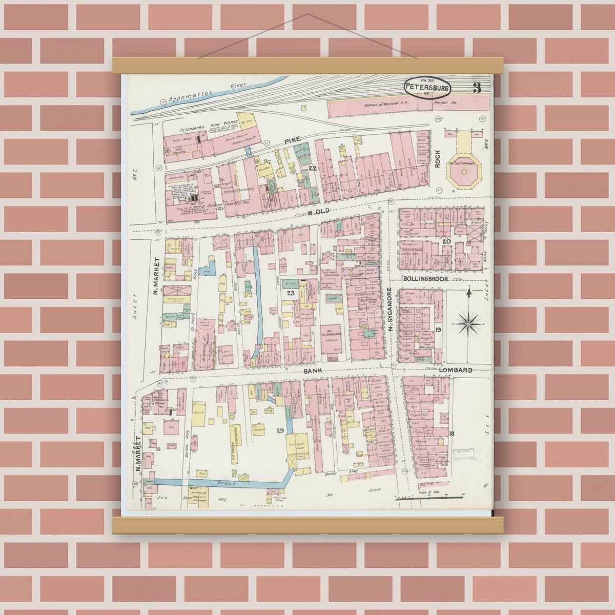 Old map wall art mockup — magnetic wood frame on brick wall — Sanborn Fire Insurance Map from Petersburg, Independent Cities, Virginia (1891), Sheet #0003