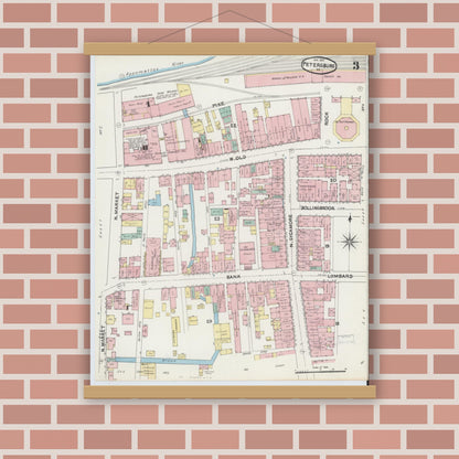 Old map wall art mockup — magnetic wood frame on brick wall — Sanborn Fire Insurance Map from Petersburg, Independent Cities, Virginia (1891), Sheet #0003