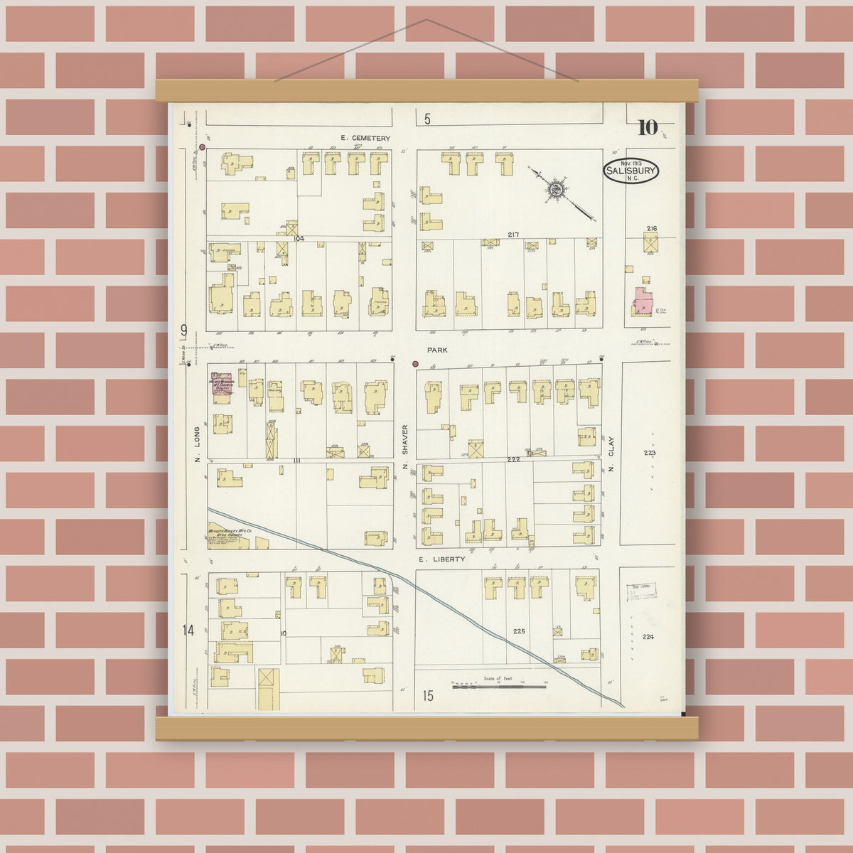 Old map wall art mockup — magnetic wood frame on brick wall — Sanborn Fire Insurance Map from Salisbury, Rowan County, North Carolina (1913), Sheet #0010