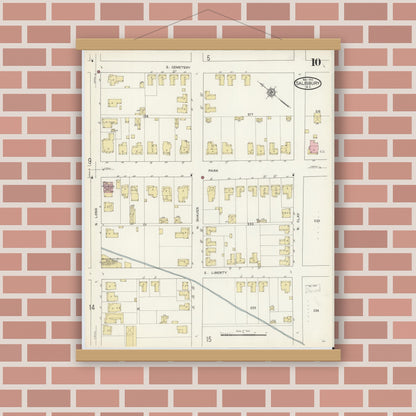 Old map wall art mockup — magnetic wood frame on brick wall — Sanborn Fire Insurance Map from Salisbury, Rowan County, North Carolina (1913), Sheet #0010