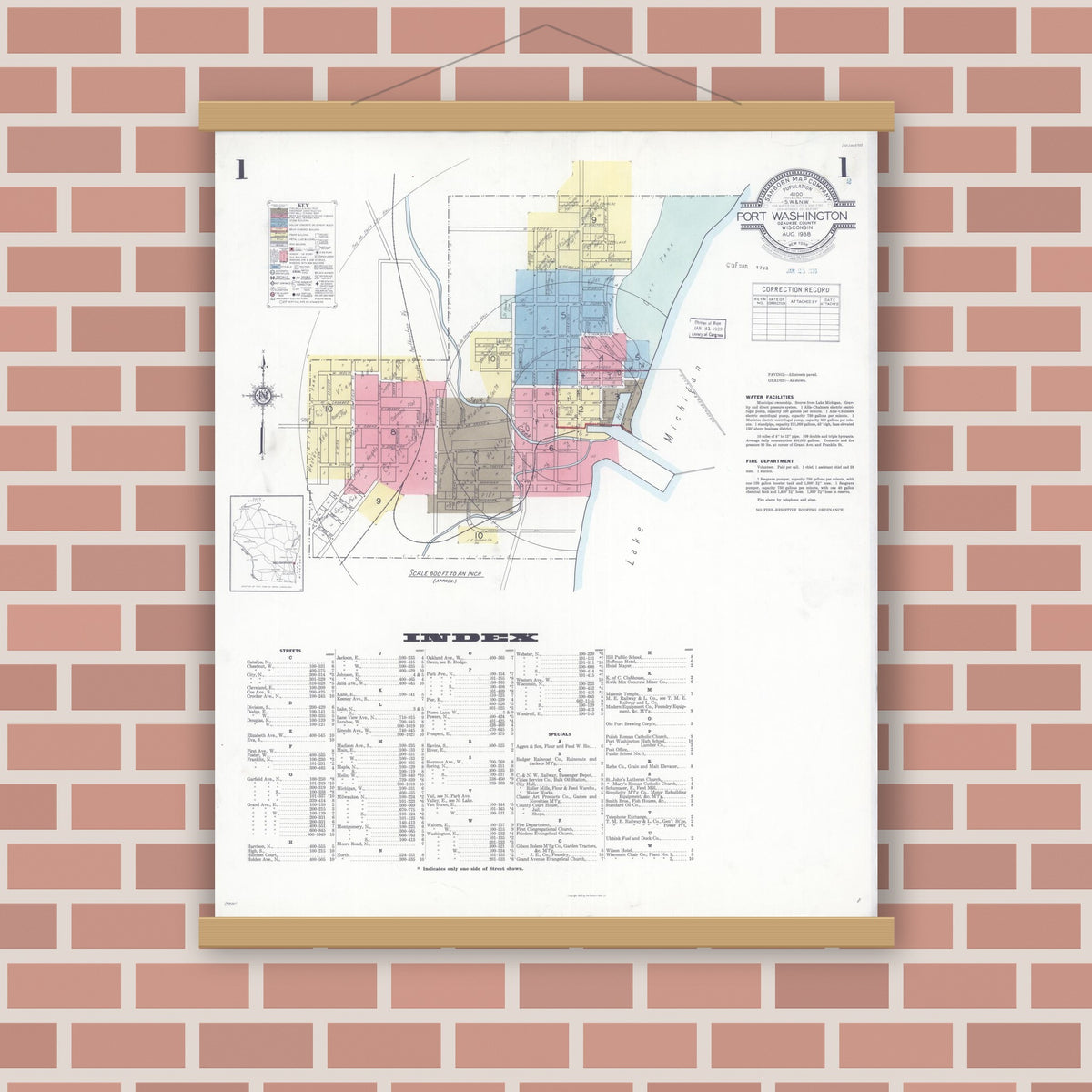 Old map wall art mockup — magnetic wood frame on brick wall — Sanborn Fire Insurance Map from Port Washington, Ozaukee County, Wisconsin (1938) - Complete Map Set