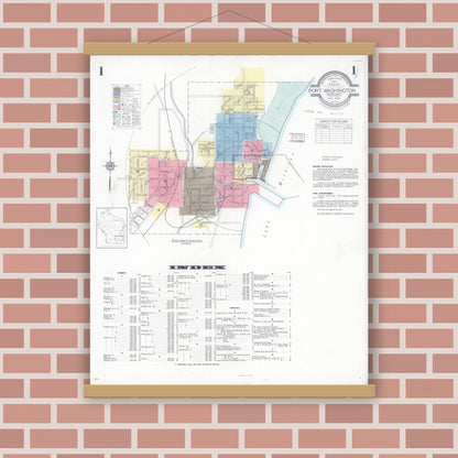 Old map wall art mockup — magnetic wood frame on brick wall — Sanborn Fire Insurance Map from Port Washington, Ozaukee County, Wisconsin (1938) - Complete Map Set