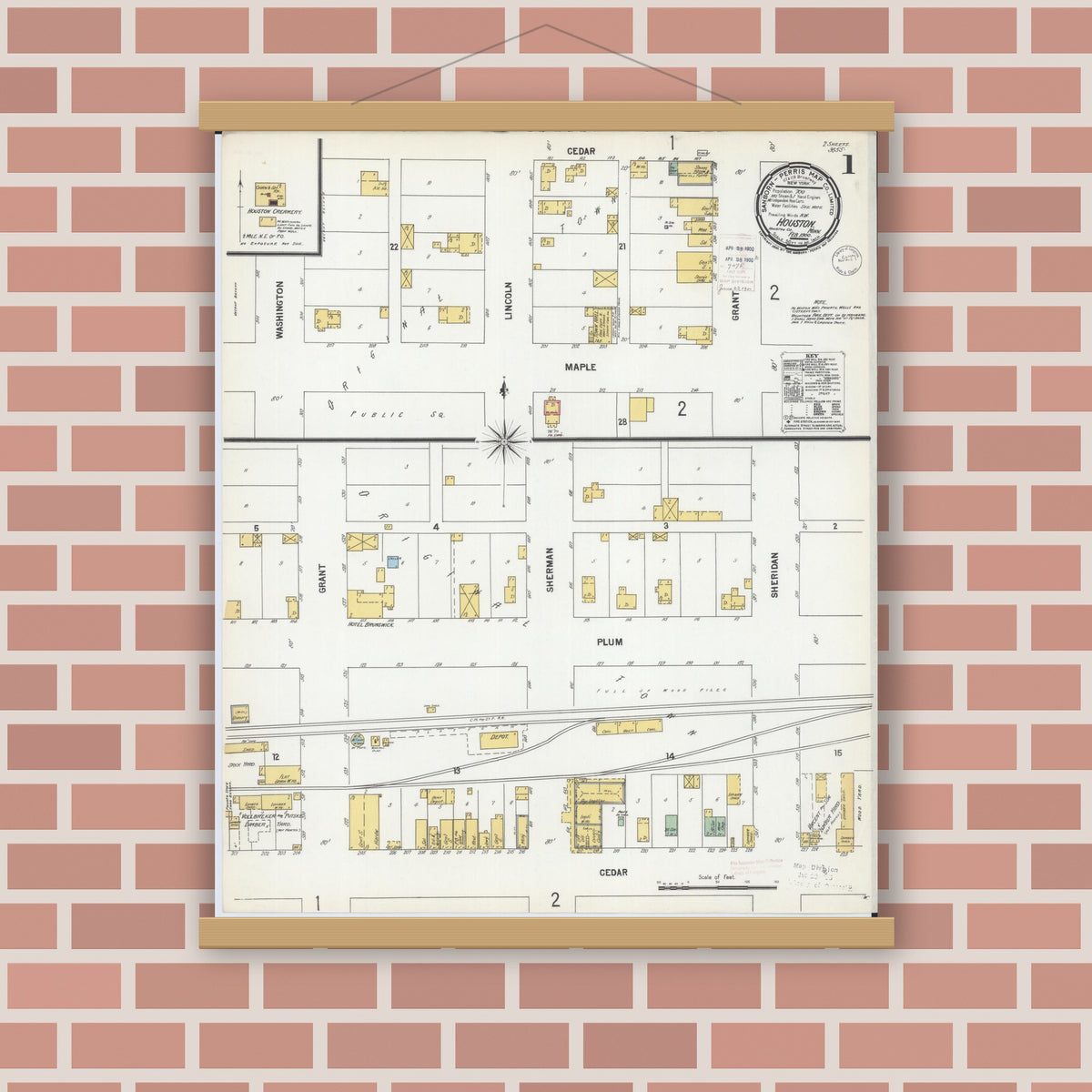 Old map wall art mockup — magnetic wood frame on brick wall — Sanborn Fire Insurance Map from Houston, Houston County, Minnesota (1900), Sheet #0001