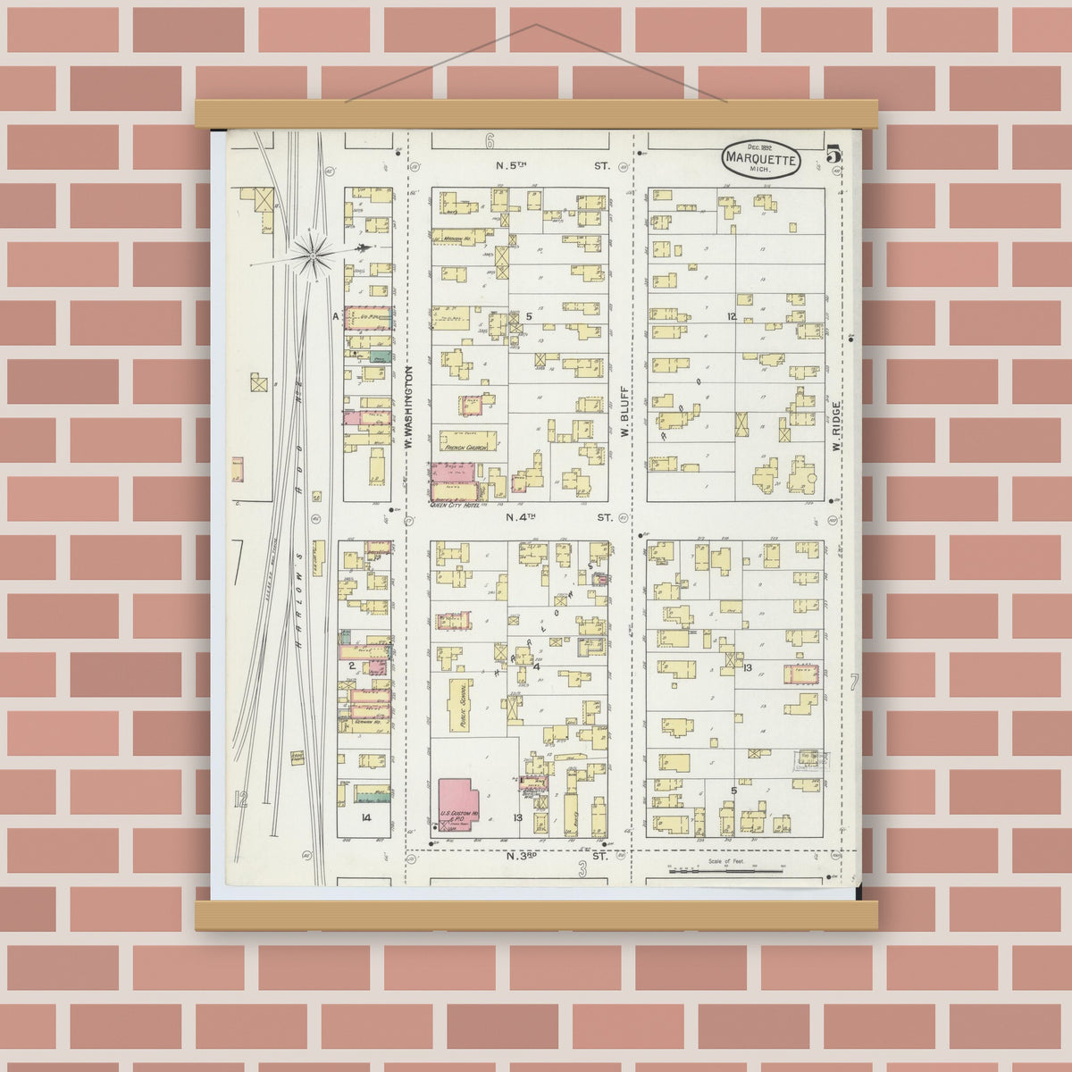 Old map wall art mockup — magnetic wood frame on brick wall — Sanborn Fire Insurance Map from Marquette, Marquette County, Michigan (1892), Sheet #0005