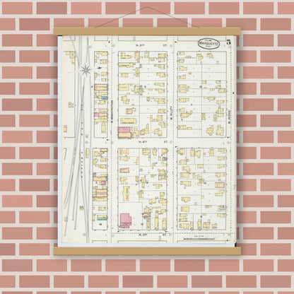 Old map wall art mockup — magnetic wood frame on brick wall — Sanborn Fire Insurance Map from Marquette, Marquette County, Michigan (1892), Sheet #0005