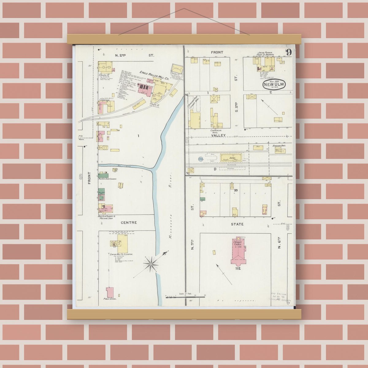 Old map wall art mockup — magnetic wood frame on brick wall — Sanborn Fire Insurance Map from New Ulm, Brown County, Minnesota (1894), Sheet #0009