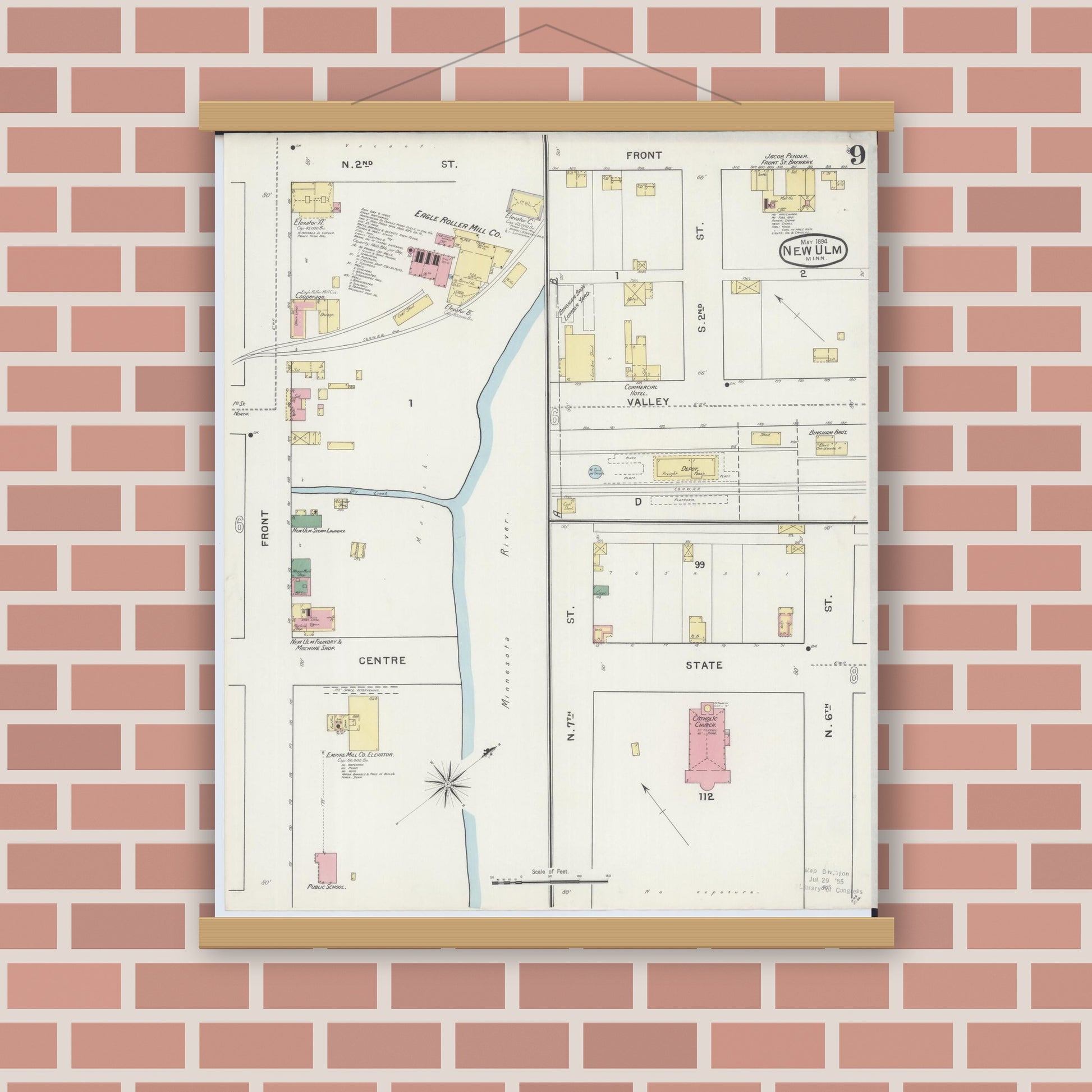 Old map wall art mockup — magnetic wood frame on brick wall — Sanborn Fire Insurance Map from New Ulm, Brown County, Minnesota (1894), Sheet #0009
