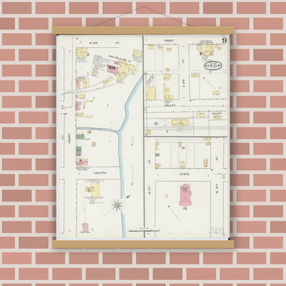 Old map wall art mockup — magnetic wood frame on brick wall — Sanborn Fire Insurance Map from New Ulm, Brown County, Minnesota (1894), Sheet #0009