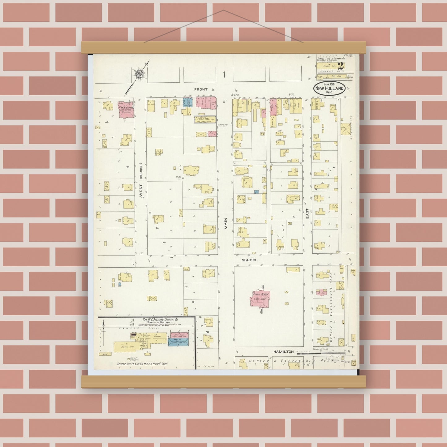 Old map wall art mockup — magnetic wood frame on brick wall — Sanborn Fire Insurance Map from New Holland, Pickaway County, Ohio (1915), Sheet #0002
