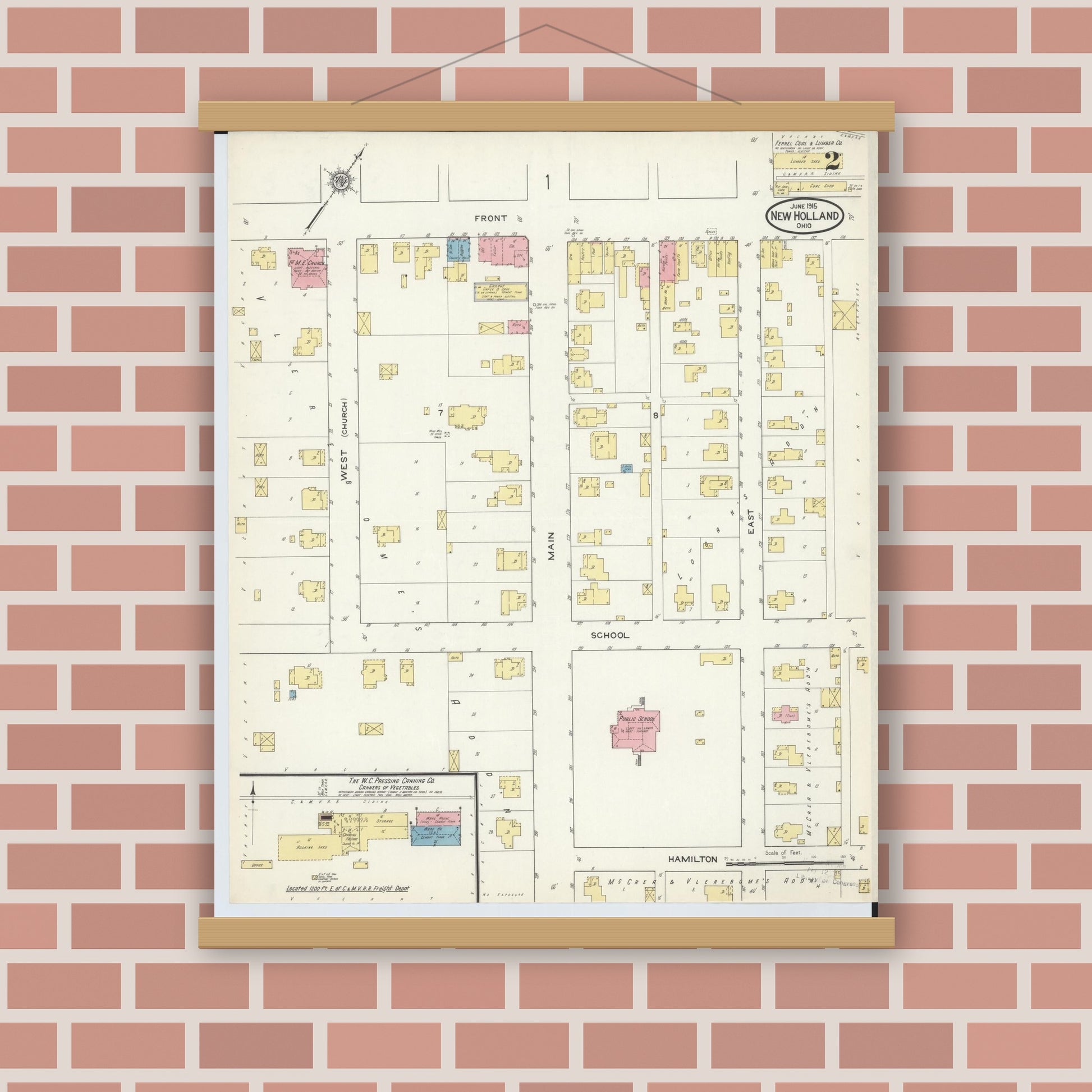 Old map wall art mockup — magnetic wood frame on brick wall — Sanborn Fire Insurance Map from New Holland, Pickaway County, Ohio (1915), Sheet #0002