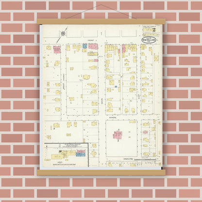 Old map wall art mockup — magnetic wood frame on brick wall — Sanborn Fire Insurance Map from New Holland, Pickaway County, Ohio (1915), Sheet #0002
