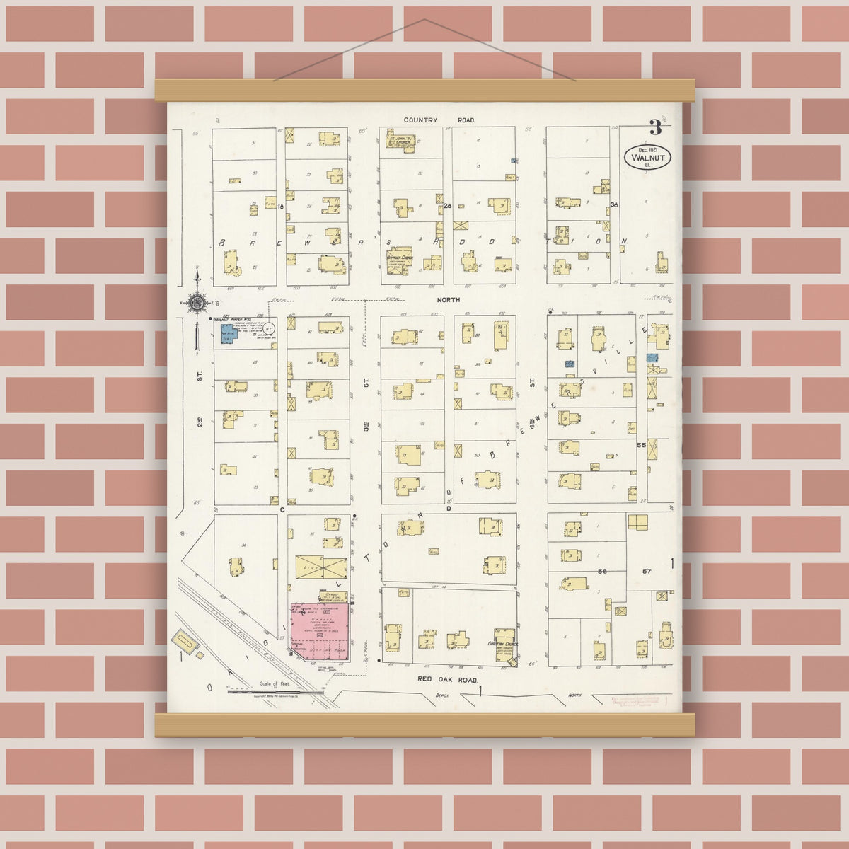 Old map wall art mockup — magnetic wood frame on brick wall — Sanborn Fire Insurance Map from Walnut, Bureau County, Illinois (1921), Sheet #0003