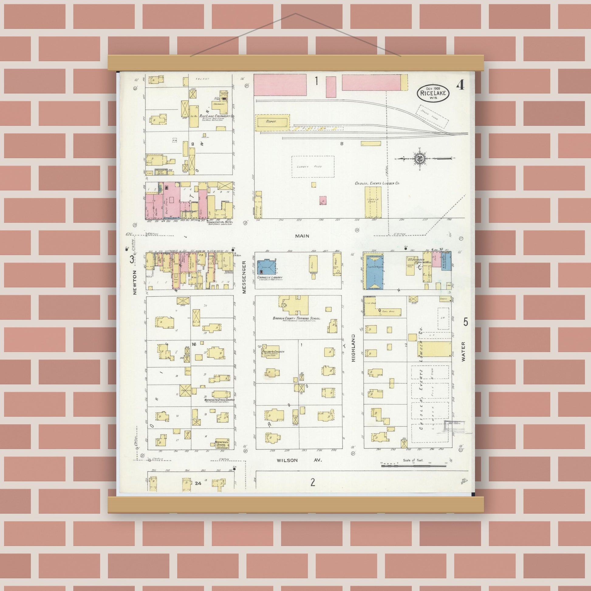 Old map wall art mockup — magnetic wood frame on brick wall — Sanborn Fire Insurance Map from Rice Lake, Barron County, Wisconsin (1909), Sheet #0004