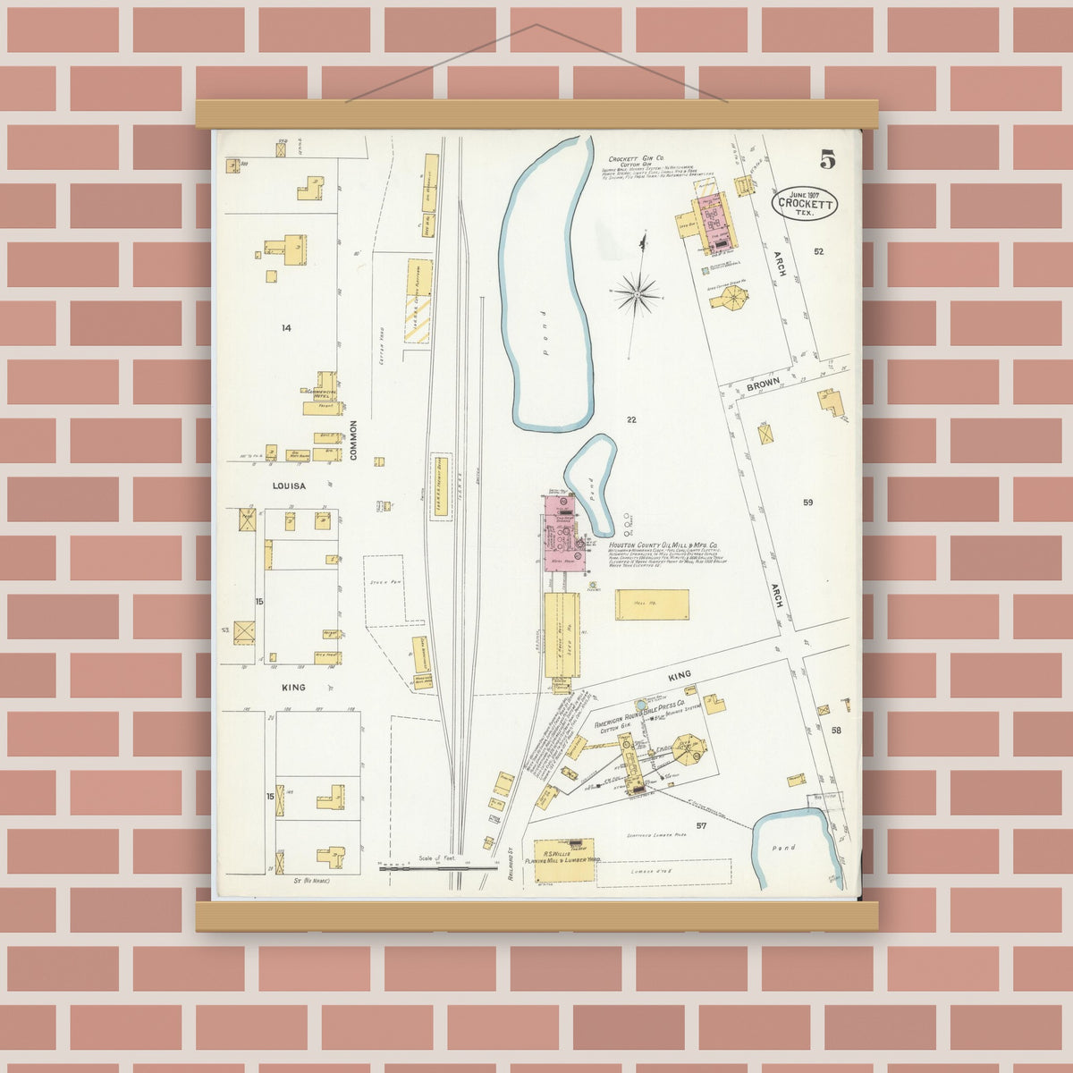 Old map wall art mockup — magnetic wood frame on brick wall — Sanborn Fire Insurance Map from Crockett, Houston County, Texas (1907), Sheet #0005