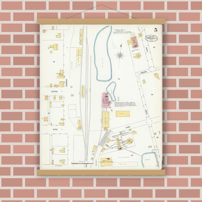 Old map wall art mockup — magnetic wood frame on brick wall — Sanborn Fire Insurance Map from Crockett, Houston County, Texas (1907), Sheet #0005