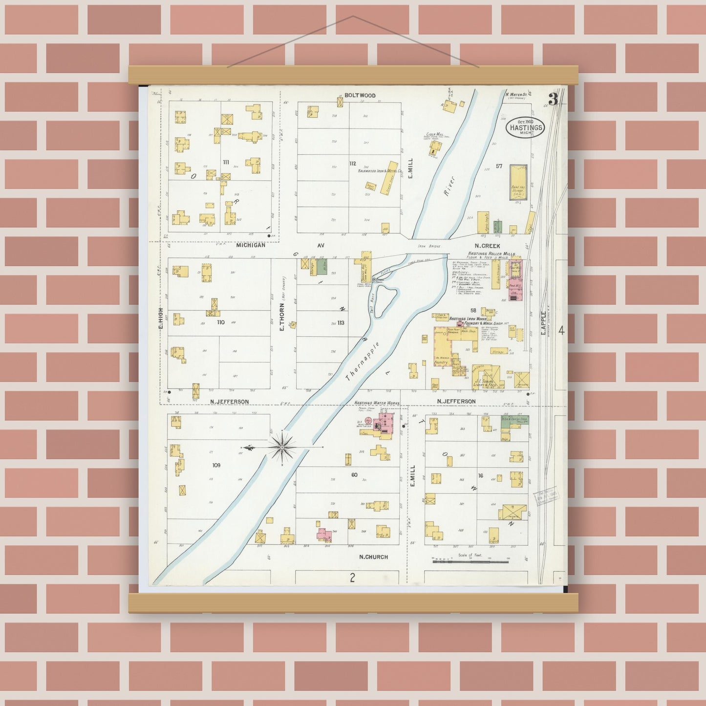 Old map wall art mockup — magnetic wood frame on brick wall — Sanborn Fire Insurance Map from Hastings, Barry County, Michigan (1900), Sheet #0003