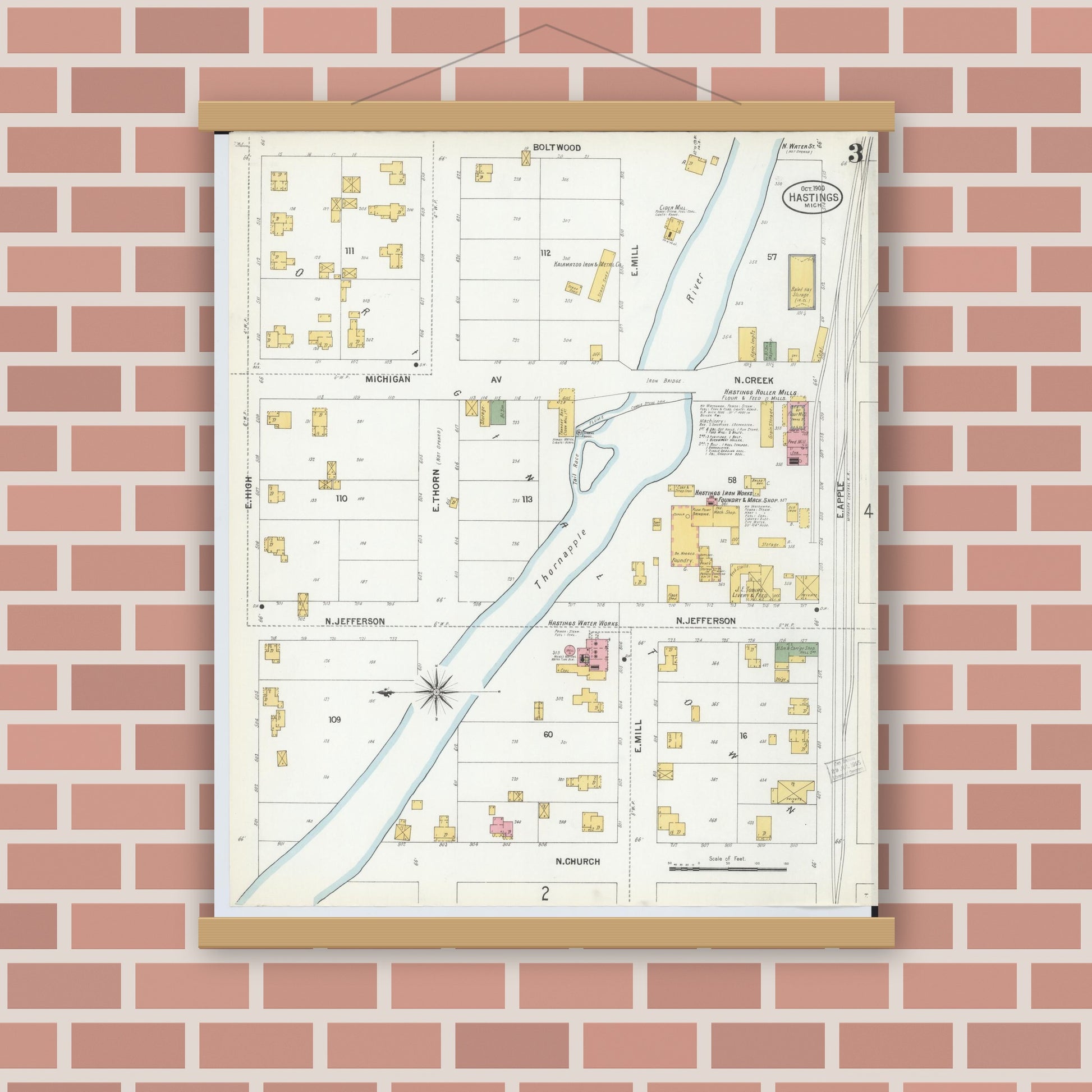 Old map wall art mockup — magnetic wood frame on brick wall — Sanborn Fire Insurance Map from Hastings, Barry County, Michigan (1900), Sheet #0003