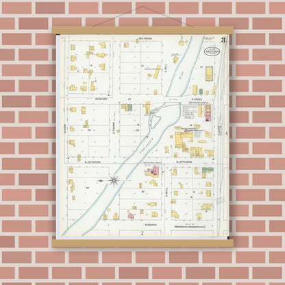 Old map wall art mockup — magnetic wood frame on brick wall — Sanborn Fire Insurance Map from Hastings, Barry County, Michigan (1900), Sheet #0003