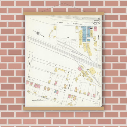 Old map wall art mockup — magnetic wood frame on brick wall — Sanborn Fire Insurance Map from Newport, Perry County, Pennsylvania (1911), Sheet #0006