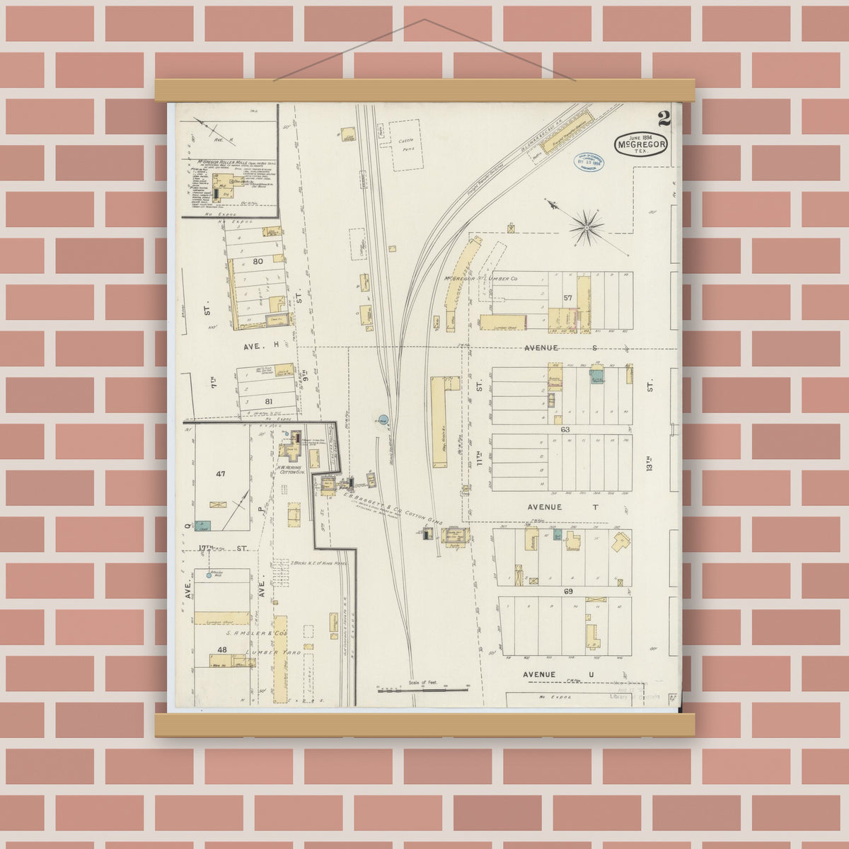 Old map wall art mockup — magnetic wood frame on brick wall — Sanborn Fire Insurance Map from McGregor, McLennan County, Texas (1894), Sheet #0002