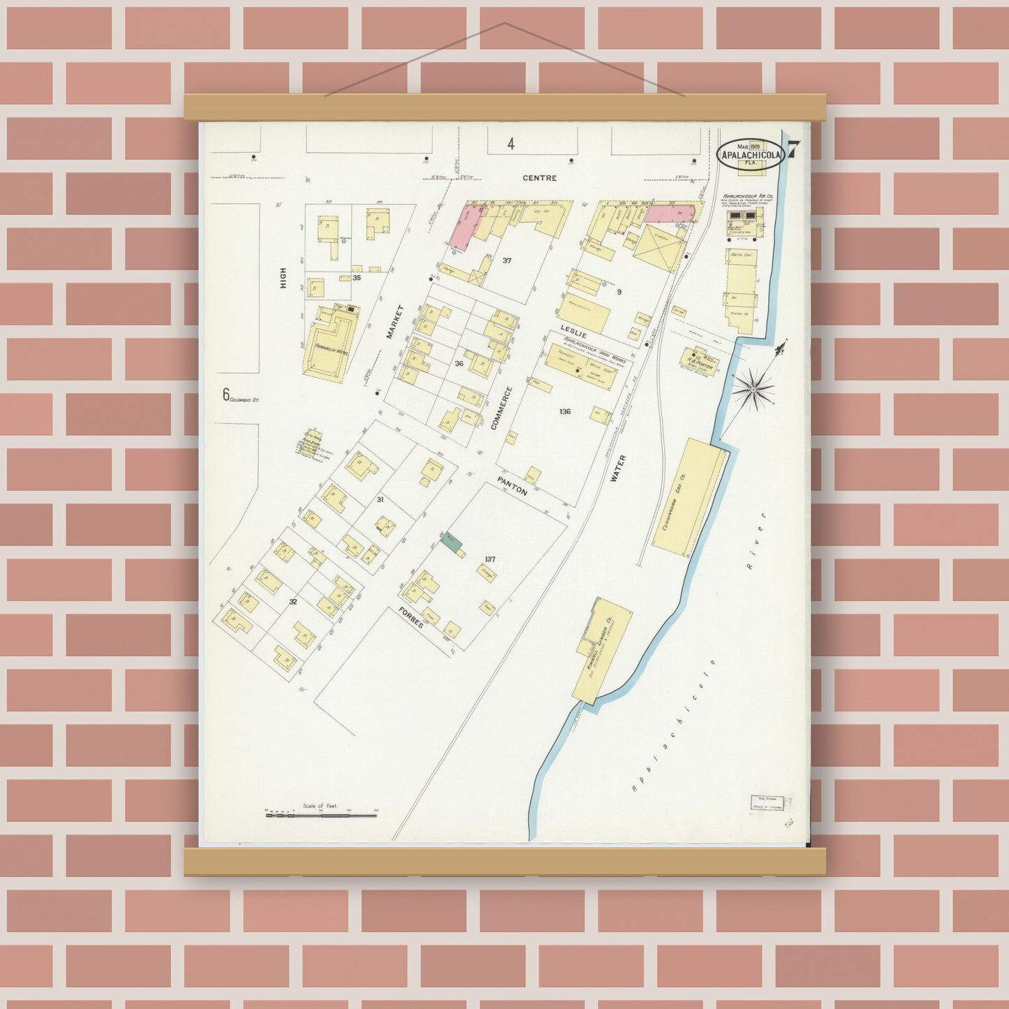 Old map wall art mockup — magnetic wood frame on brick wall — Sanborn Fire Insurance Map from Apalachicola, Franklin County, Florida (1909), Sheet #0007