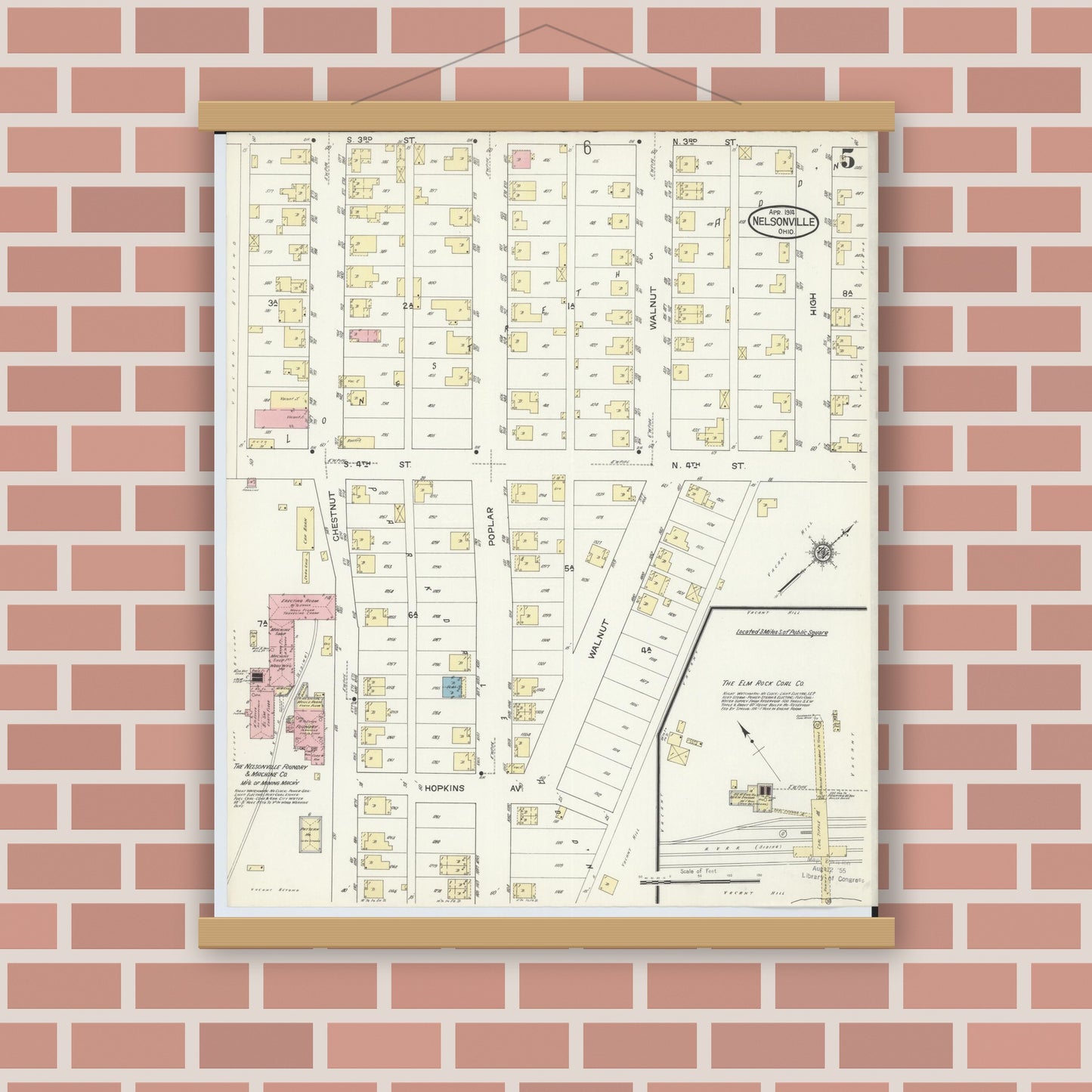 Old map wall art mockup — magnetic wood frame on brick wall — Sanborn Fire Insurance Map from Nelsonville, Athens County, Ohio (1914), Sheet #0005