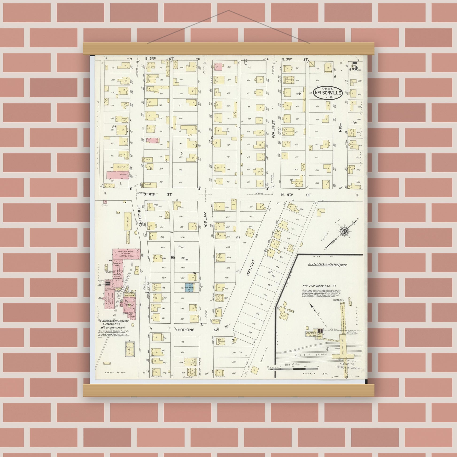 Old map wall art mockup — magnetic wood frame on brick wall — Sanborn Fire Insurance Map from Nelsonville, Athens County, Ohio (1914), Sheet #0005