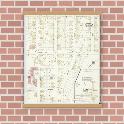 Old map wall art mockup — magnetic wood frame on brick wall — Sanborn Fire Insurance Map from Nelsonville, Athens County, Ohio (1914), Sheet #0005