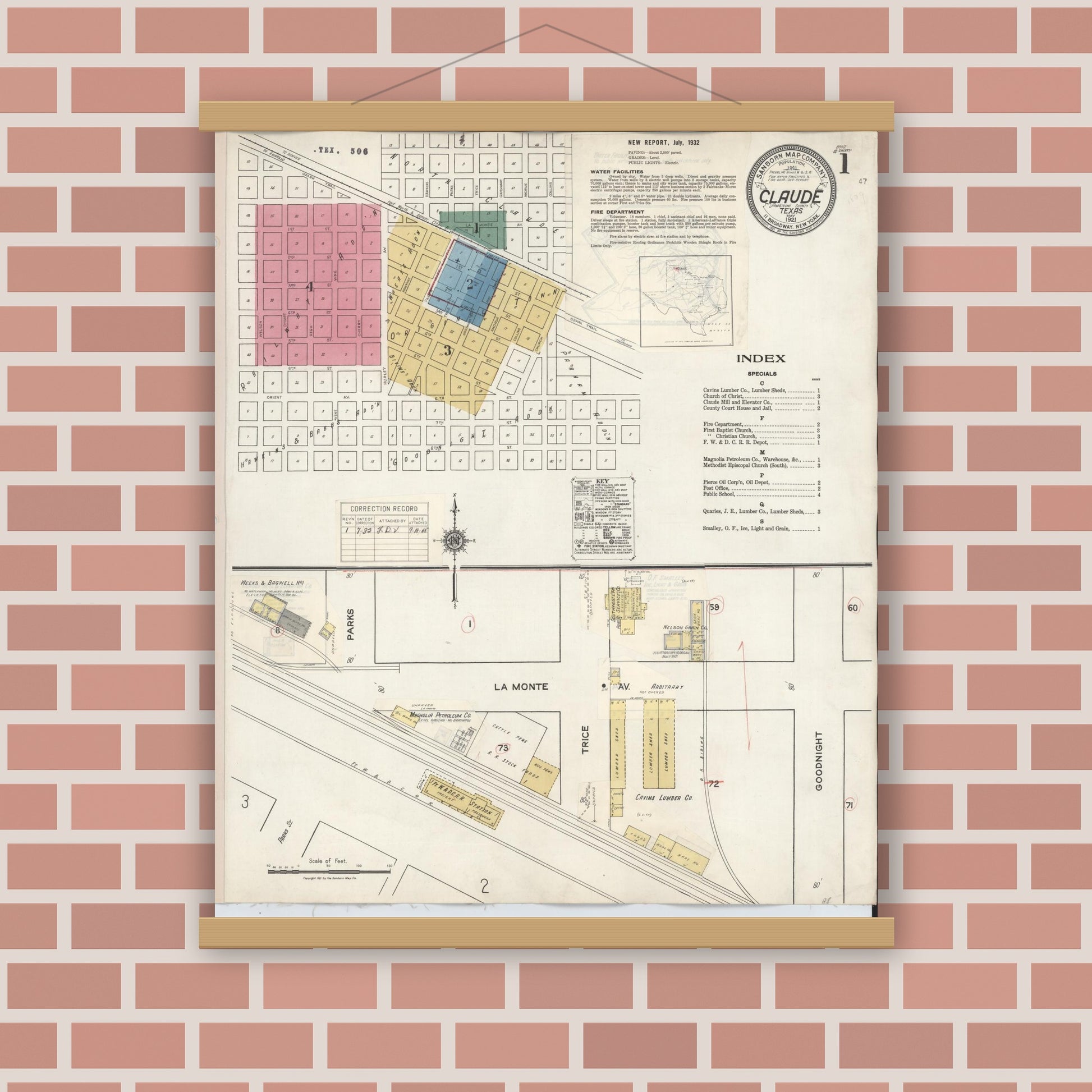 Old map wall art mockup — magnetic wood frame on brick wall — Sanborn Fire Insurance Map from Claude, Armstrong County, Texas (1932), Sheet #0001