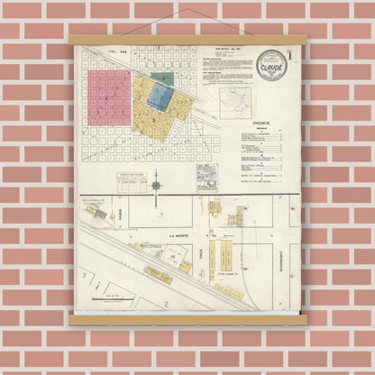 Old map wall art mockup — magnetic wood frame on brick wall — Sanborn Fire Insurance Map from Claude, Armstrong County, Texas (1932), Sheet #0001