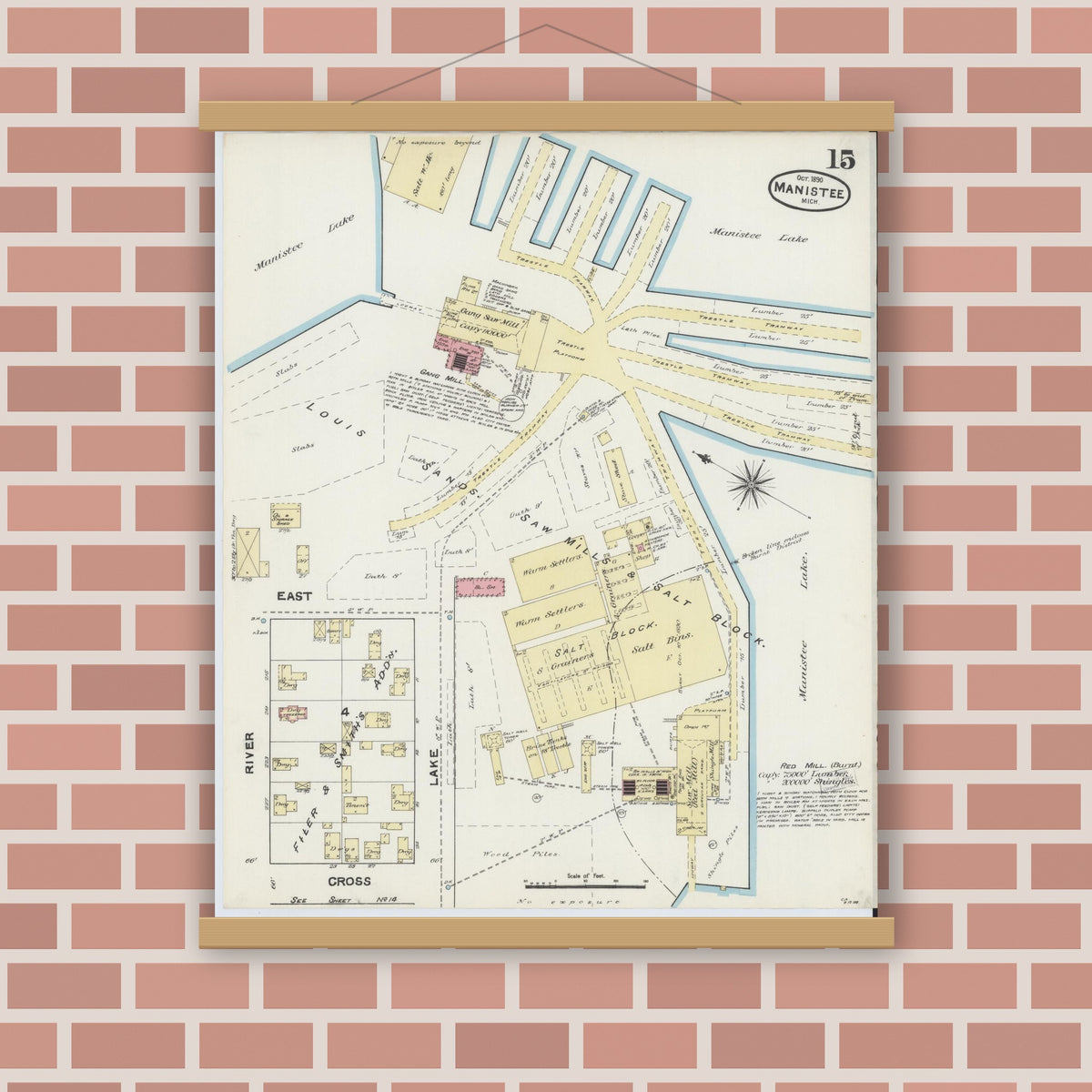 Old map wall art mockup — magnetic wood frame on brick wall — Sanborn Fire Insurance Map from Manistee, Manistee County, Michigan (1890), Sheet #0015