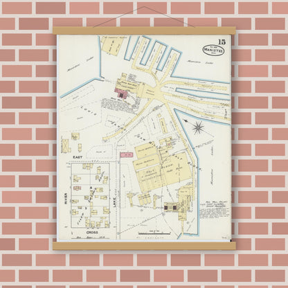 Old map wall art mockup — magnetic wood frame on brick wall — Sanborn Fire Insurance Map from Manistee, Manistee County, Michigan (1890), Sheet #0015