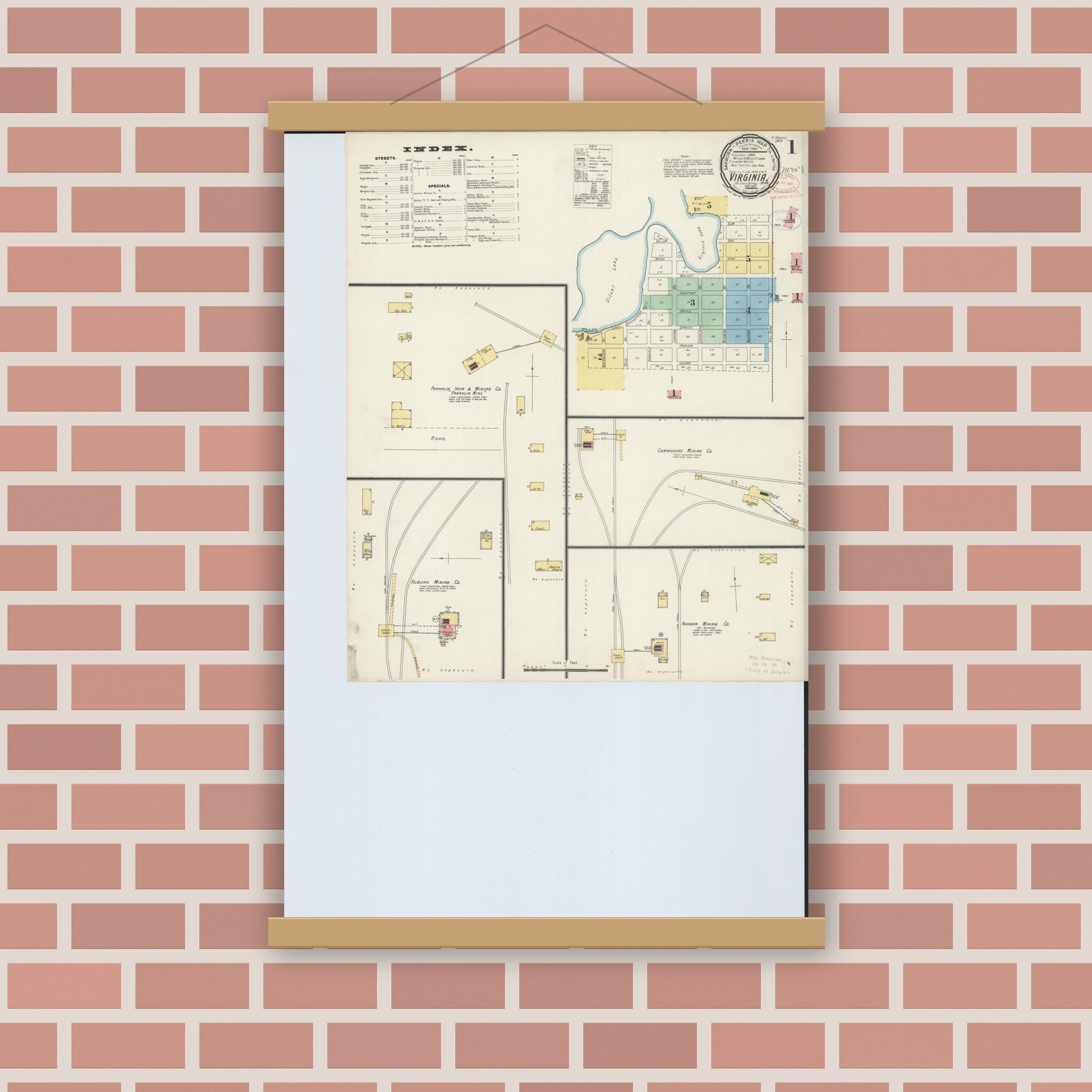 Old map wall art mockup — magnetic wood frame on brick wall — Sanborn Fire Insurance Map from Virginia, Saint Louis County, Minnesota (1897) - Complete Map Set